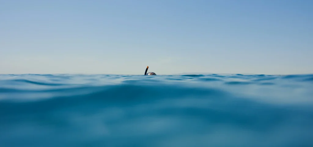 Person snorkling in blue water with blue sky as background