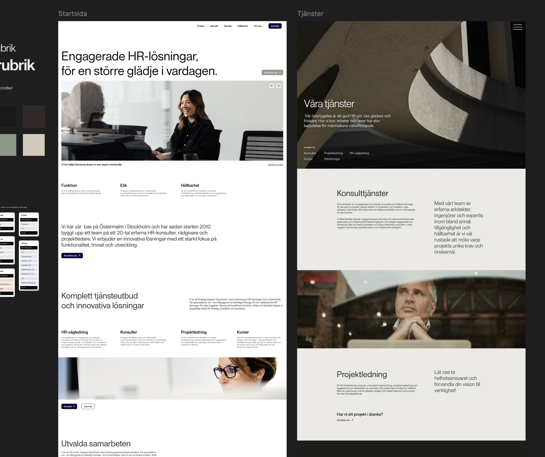 Överblick över exempelskiss på Figma för rebranding och ny grafisk profil för företag.